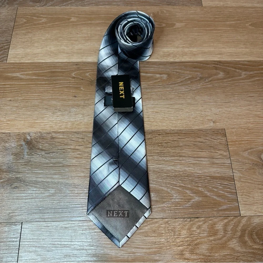 NWT Next 100% Silk Hand made Black Gray Stripe Neck Tie